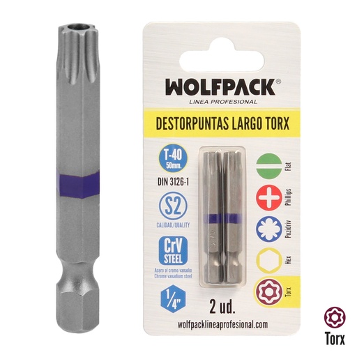 [2511780] Puntas Largas Destornillador Torx T40 (2 Piezas). Acero S2 al Cromo Vanadio. Puntas Hexagonales, Destorpuntas,