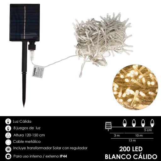 [5490620] Luces Navidad Solar 200 Leds Luz Calida. Bateria Recargable Uso en Exteriores / Interiores Ip44