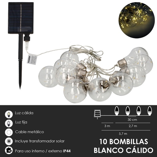 [5490635] Guirnalda Solar 10 Bombillas / 50 Micro Leds Luz Calida. Bateria Recargable Uso en Exteriores / Interiores Ip44