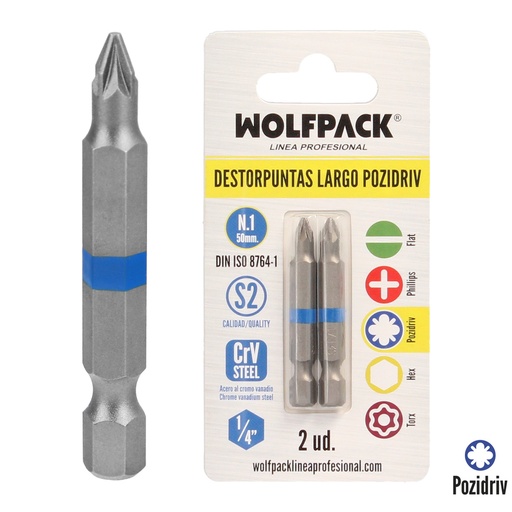 [2511650] Destorpuntas Largo Pozidriv Nº 1 (2 Piezas) Acero S2 al Cromo Vanadio. Puntas Hexagonales, Destorpuntas,