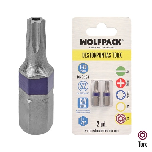 [2511685] Puntas Destornillador Torx 20 Inviolable (2 Piezas). Acero S2 al Cromo Vanadio. Puntas Hexagonales, Destorpuntas,