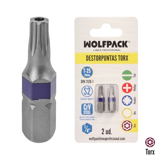 [2511690] Puntas Destornillador Torx 25 Inviolable (2 Piezas). Acero S2 al Cromo Vanadio. Puntas Hexagonales, Destorpuntas,
