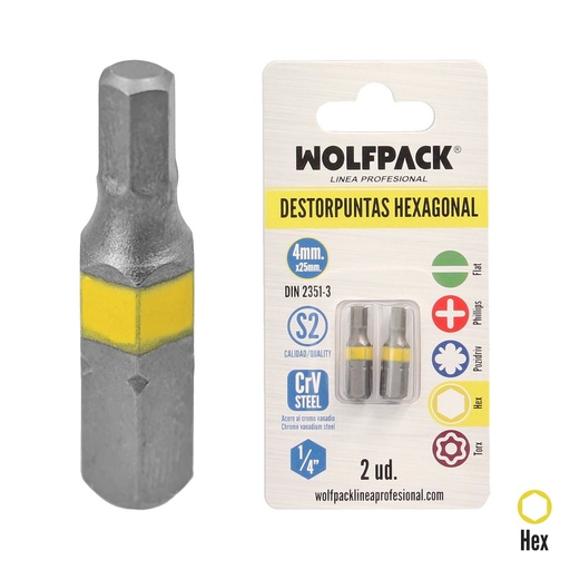 [2511725] Puntas Destornillador Hexagonal 4,0 mm. (2 Piezas). Acero S2 al Cromo Vanadio. Puntas Hexagonales, Destorpuntas,