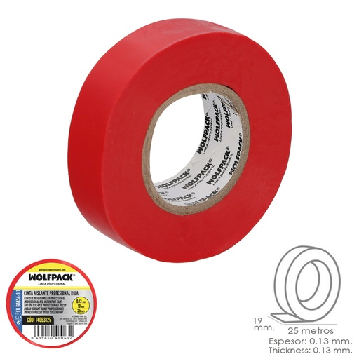 [14063125] Cinta Aislante Profesional Roja Espesor 0.13 mm. Ancho 19 mm. Rollo 25 Metros Cinta Electricista, Cinta Aislante Cables
