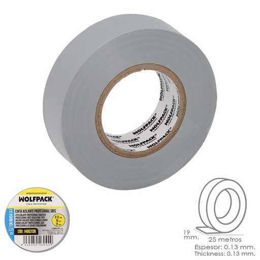 [14063130] Cinta Aislante Profesional Gris Espesor 0.13 mm. Ancho 19 mm. Rollo 25 Metros Cinta Electricista, Cinta Aislante Cables