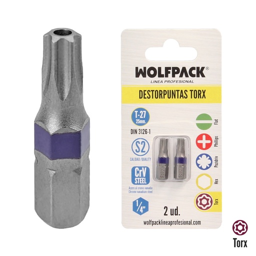[2511695] Puntas Destornillador Torx 27 Inviolable (2 Piezas). Acero S2 al Cromo Vanadio. Puntas Hexagonales, Destorpuntas,