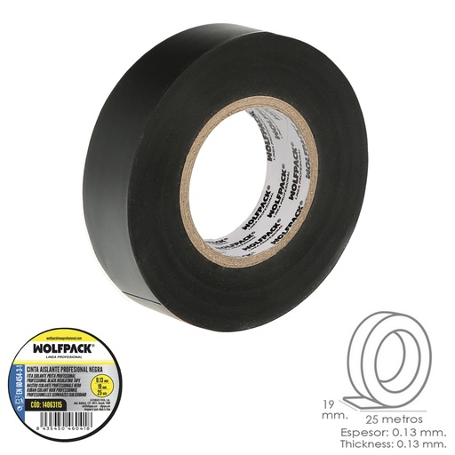 [14063115] Cinta Aislante Profesional Negra Espesor 0.13 mm. Ancho 19 mm. Rollo 25 Metros Cinta Electricista, Cinta Aislante Cables