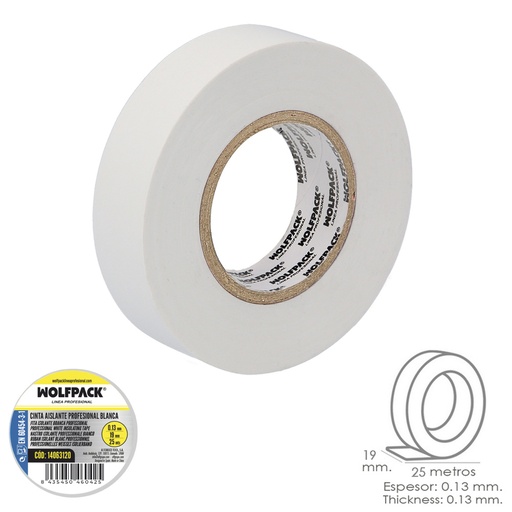 [14063120] Cinta Aislante Profesional Blanca Espesor 0.13 mm. Ancho 19 mm. Rollo 25 Metros Cinta Electricista, Cinta Aislante Cables