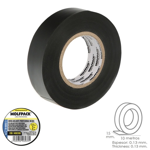 [14063100] Cinta Aislante Profesional Negra Espesor 0.13 mm. Ancho 15 mm. Rollo 10 Metros Cinta Electricista, Cinta Aislante Cables