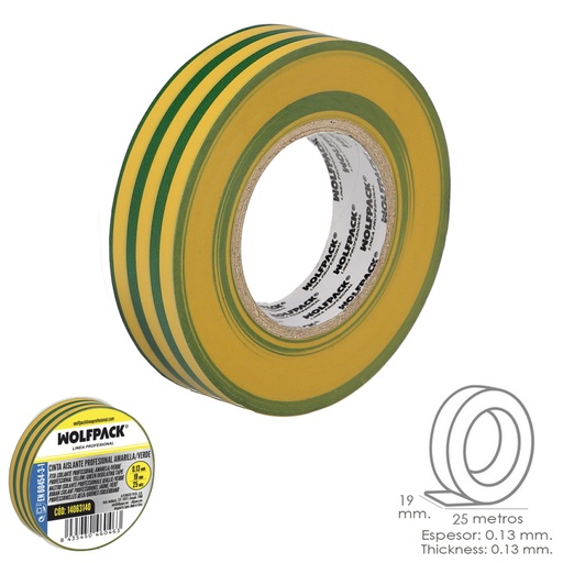 [14063140] Cinta Aislante Profesional Amarilla/Verde Espesor 0.13 mm. Ancho 19 mm. Rollo 25 Metros Cinta Electricista, Cinta Aislante Cable