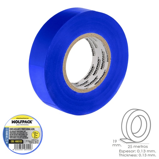 [14063135] Cinta Aislante Profesional Azul Espesor 0.13 mm. Ancho 19 mm. Rollo 25 Metros Cinta Electricista, Cinta Aislante Cable