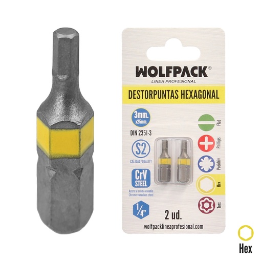 [2511720] Puntas Destornillador Hexagonal 3,0 mm. (2 Piezas). Acero S2 al Cromo Vanadio. Puntas Hexagonales, Destorpuntas,