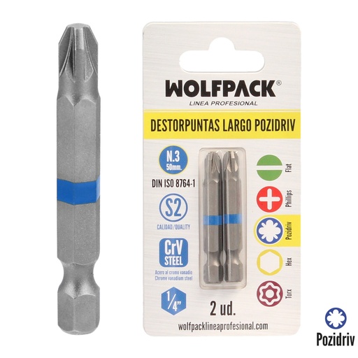 [2511660] Destorpuntas Largo Pozidriv Nº 3 (2 Piezas) Acero S2 al Cromo Vanadio. Puntas Hexagonales, Destorpuntas,