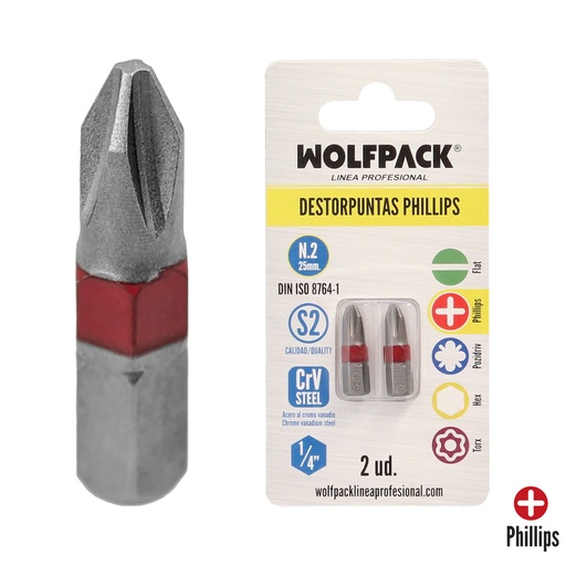 [2511605] Puntas Largas Destornillador Phillips Nº 2 (2 Piezas). Acero S2 al Cromo Vanadio. Puntas Hexagonales, Destorpuntas,